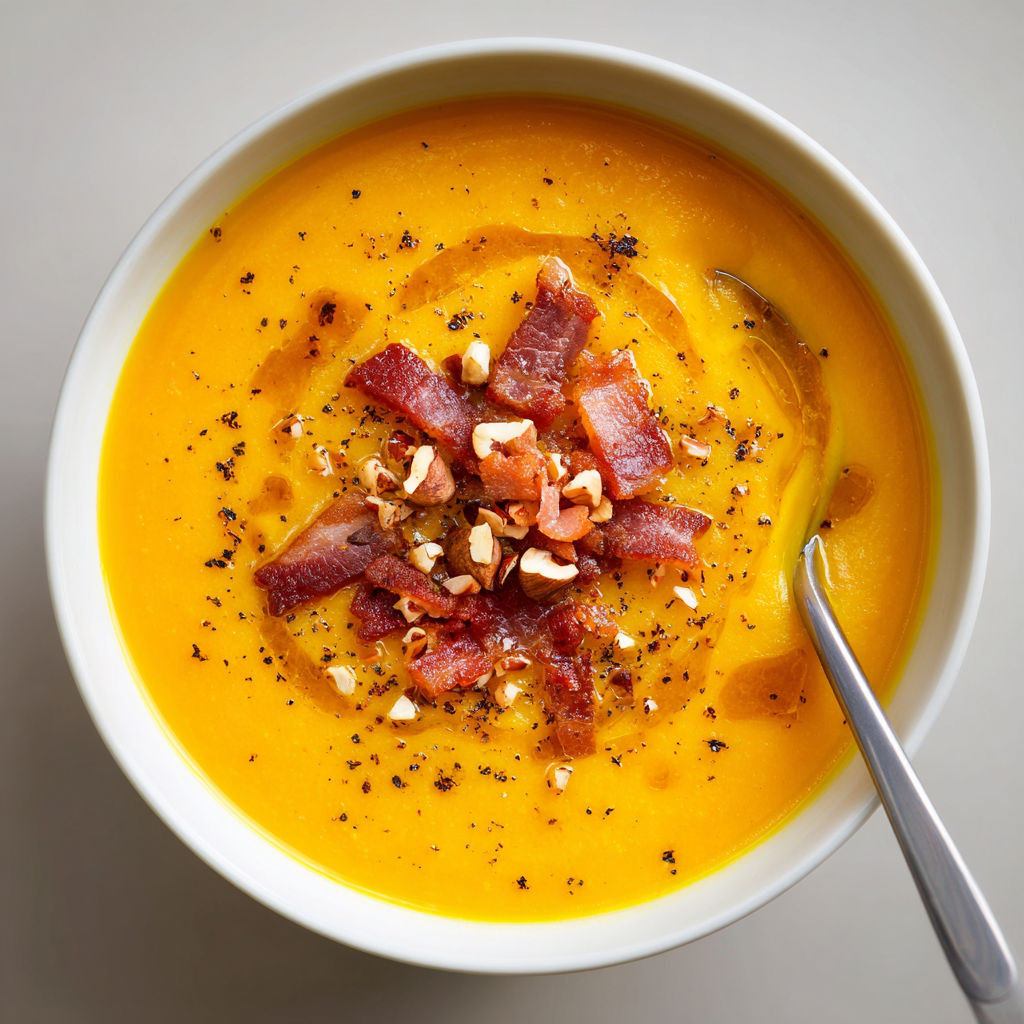 A bowl of soup with bacon and nuts.
