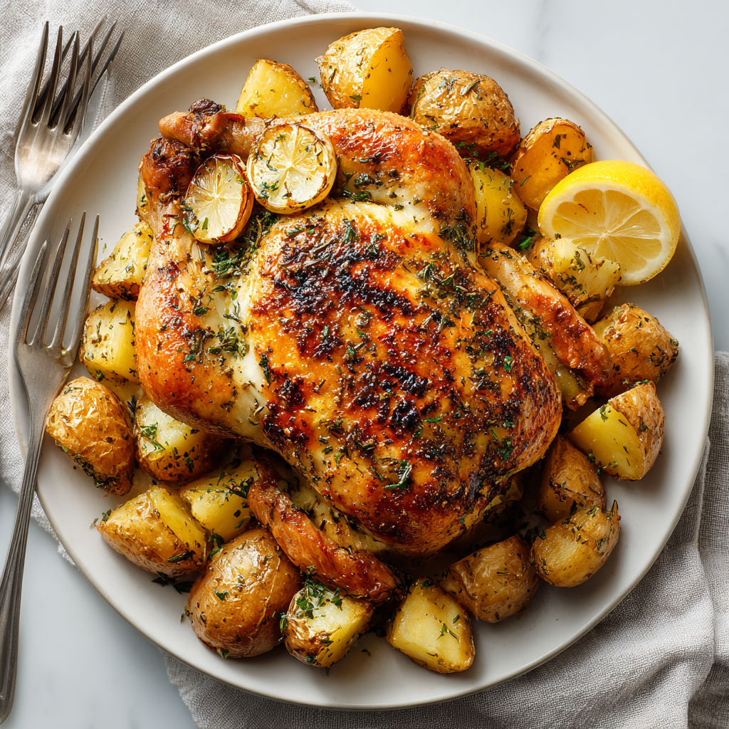 A plate of chicken with herbs and lemon.