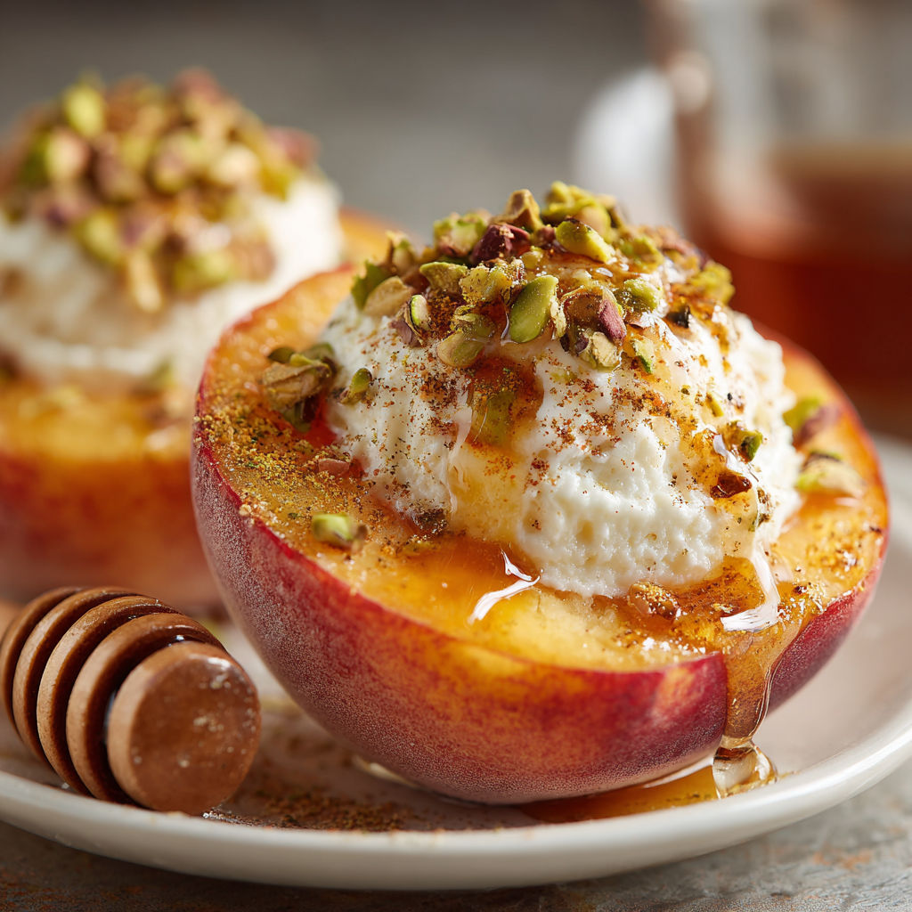 A plate of peaches with yogurt and honey on top.