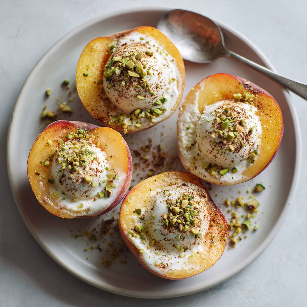 A plate of peaches with whipped cream on top.