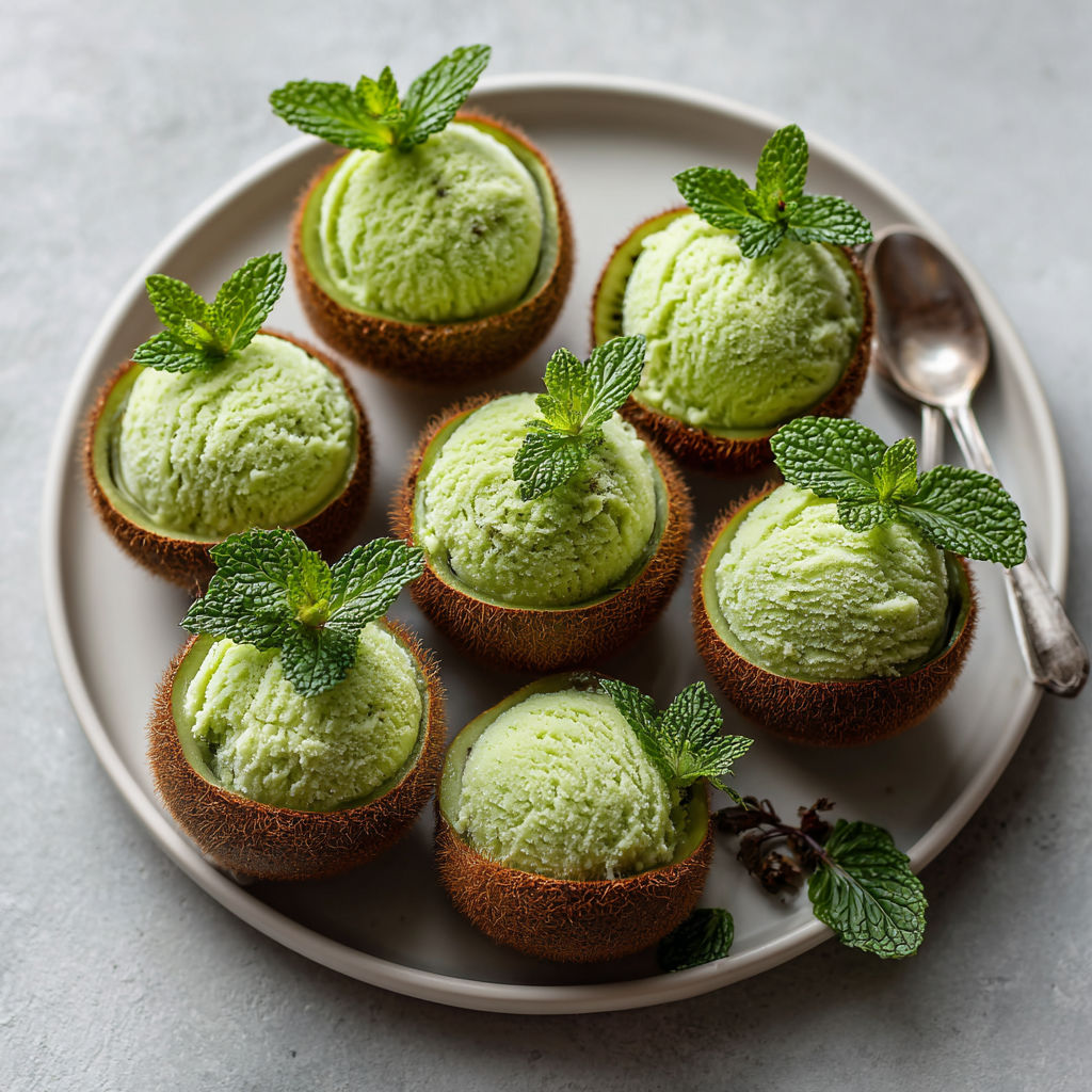 A plate of kiwi glacés with mint leaves.