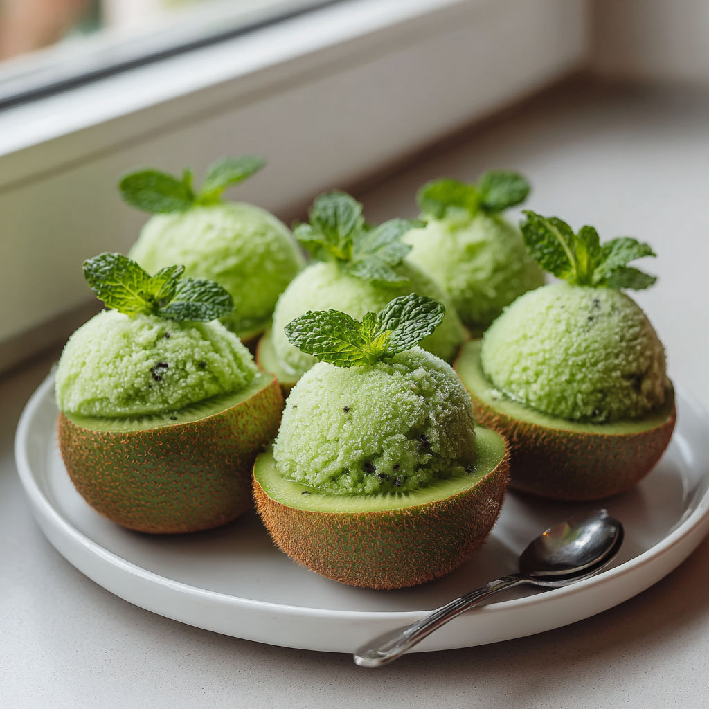 A plate of kiwi glacés with mint leaves on top.