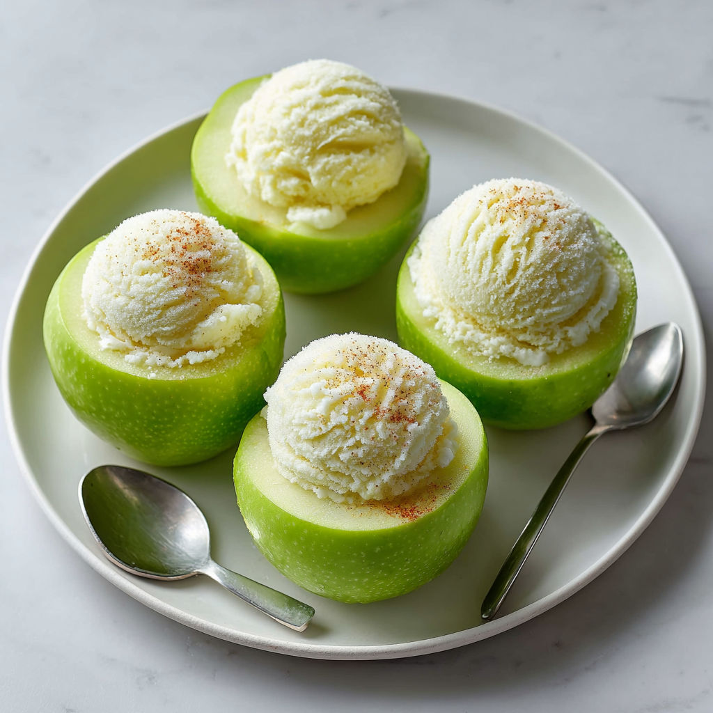 A plate of green apples with ice cream.