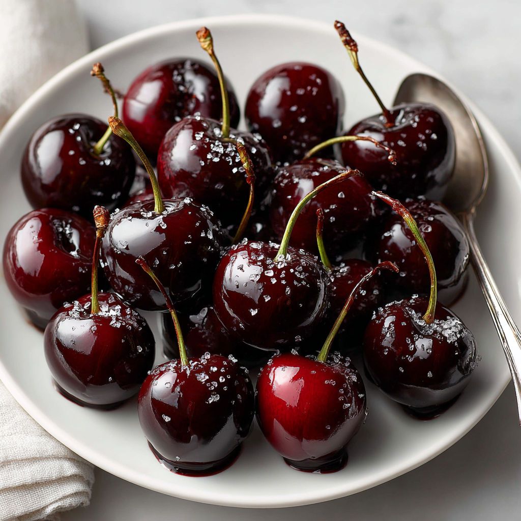 A plate of cherries with chocolate on top.