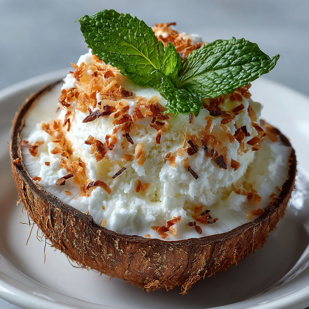 A white plate with a coconut on it.