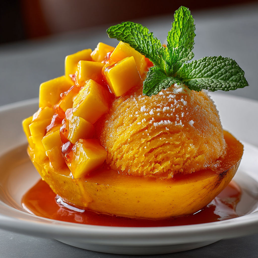A plate of food with a mango on top.