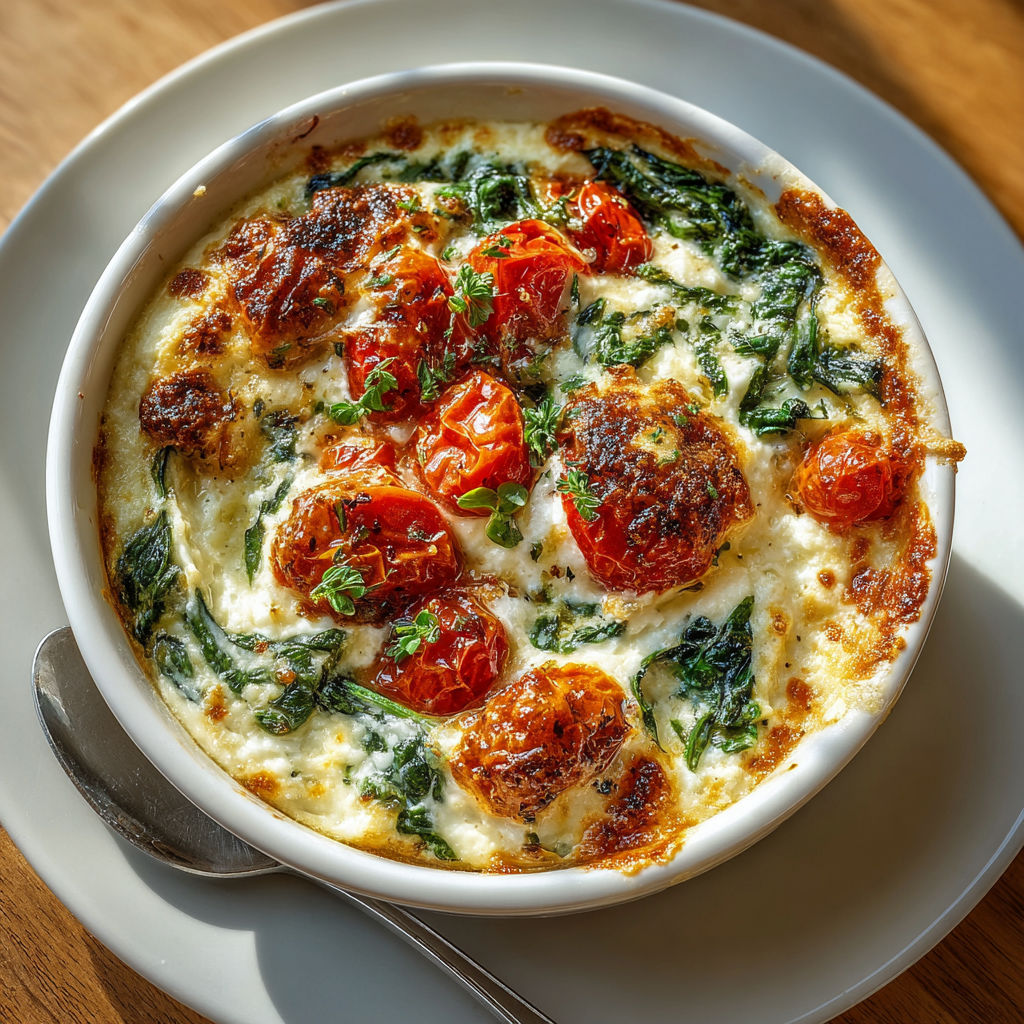 A bowl of baked ricotta with spinach and tomatoes.