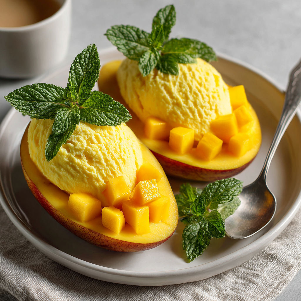 Two slices of mango with mint leaves on top.