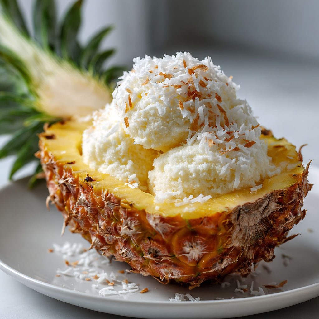 A pineapple with a slice cut out and a scoop of ice cream on top.