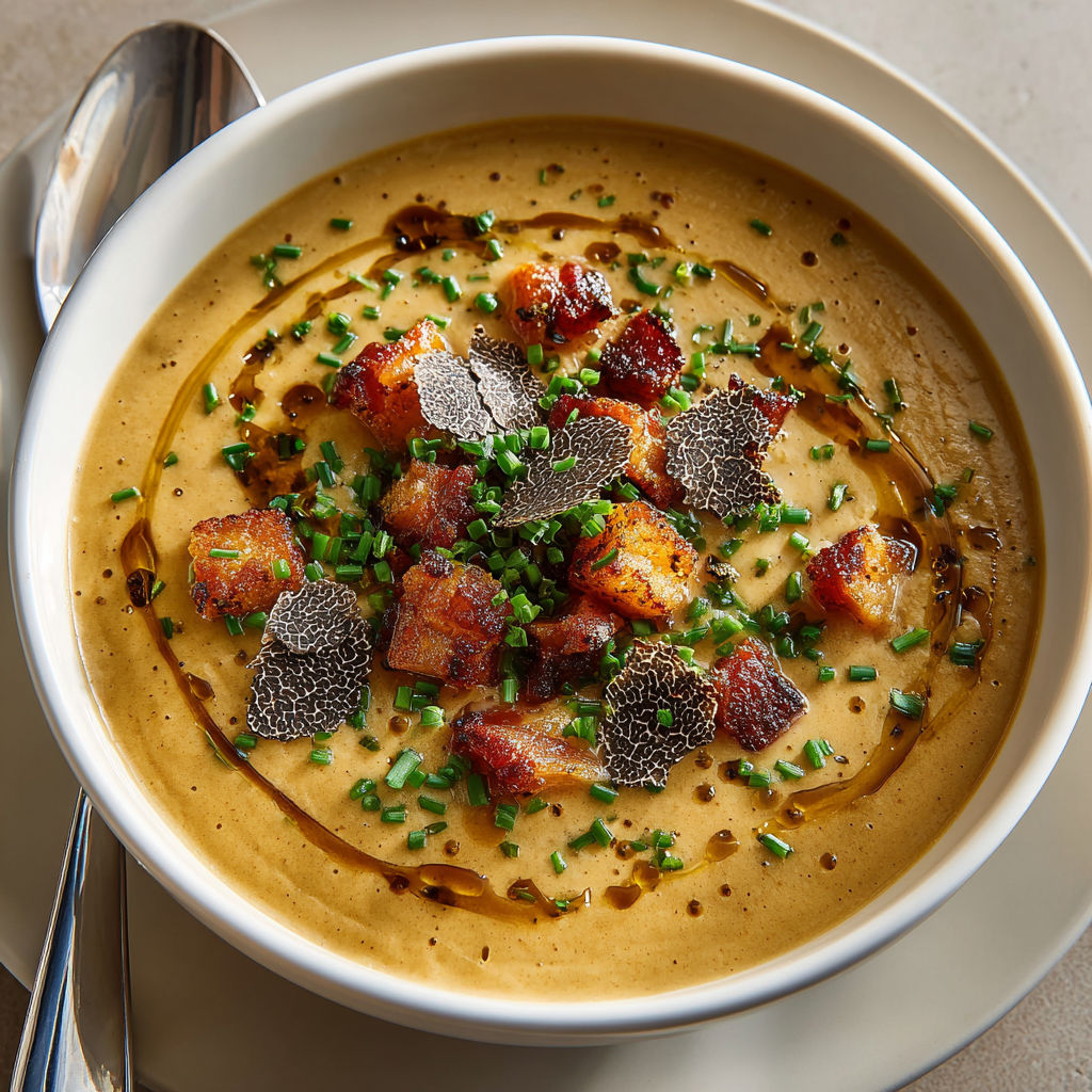A bowl of soup with bacon and truffle.