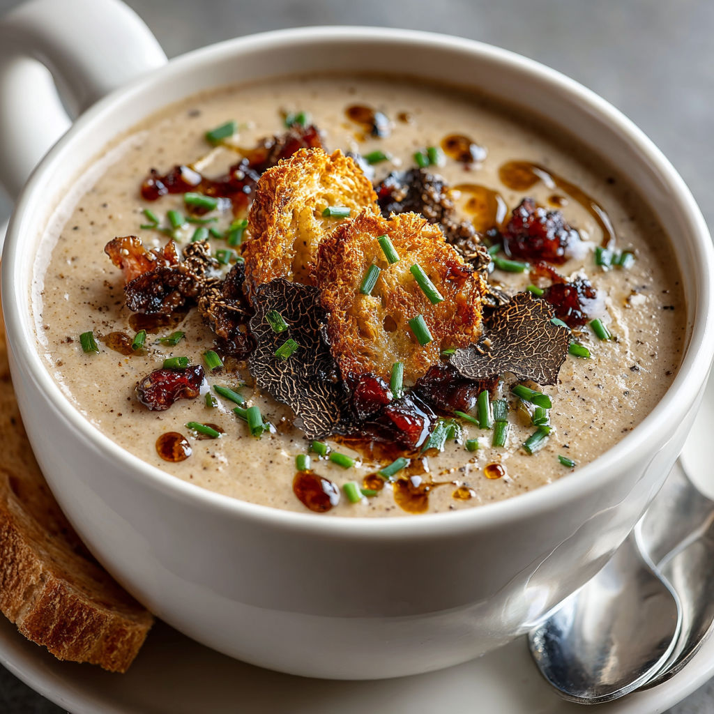 A bowl of soup with a spoon in it.