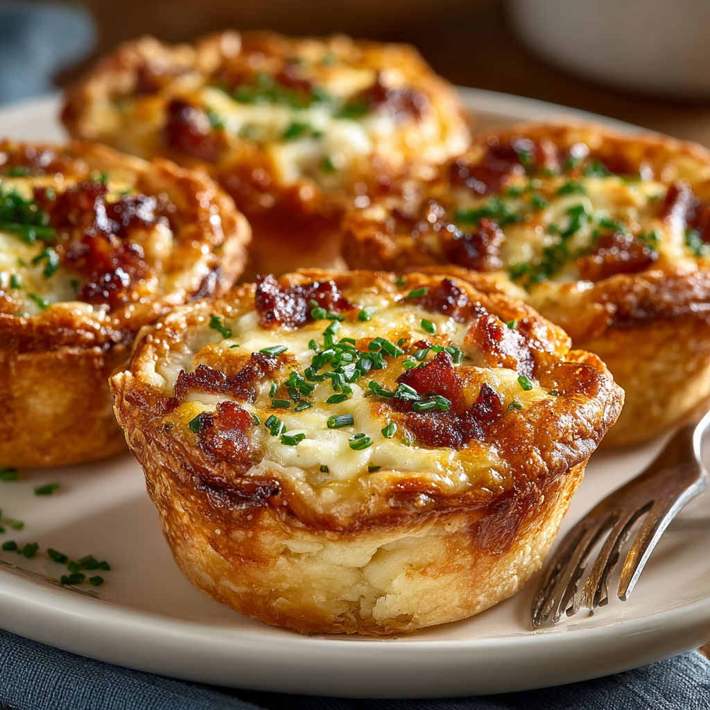 A plate of four bacon and cheese muffins.