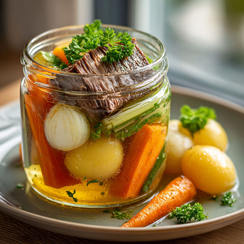 A pot-au-feu modern in a mason jar.