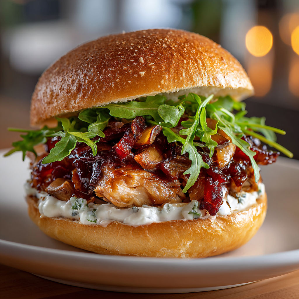 A gourmet burger with bacon and greens.