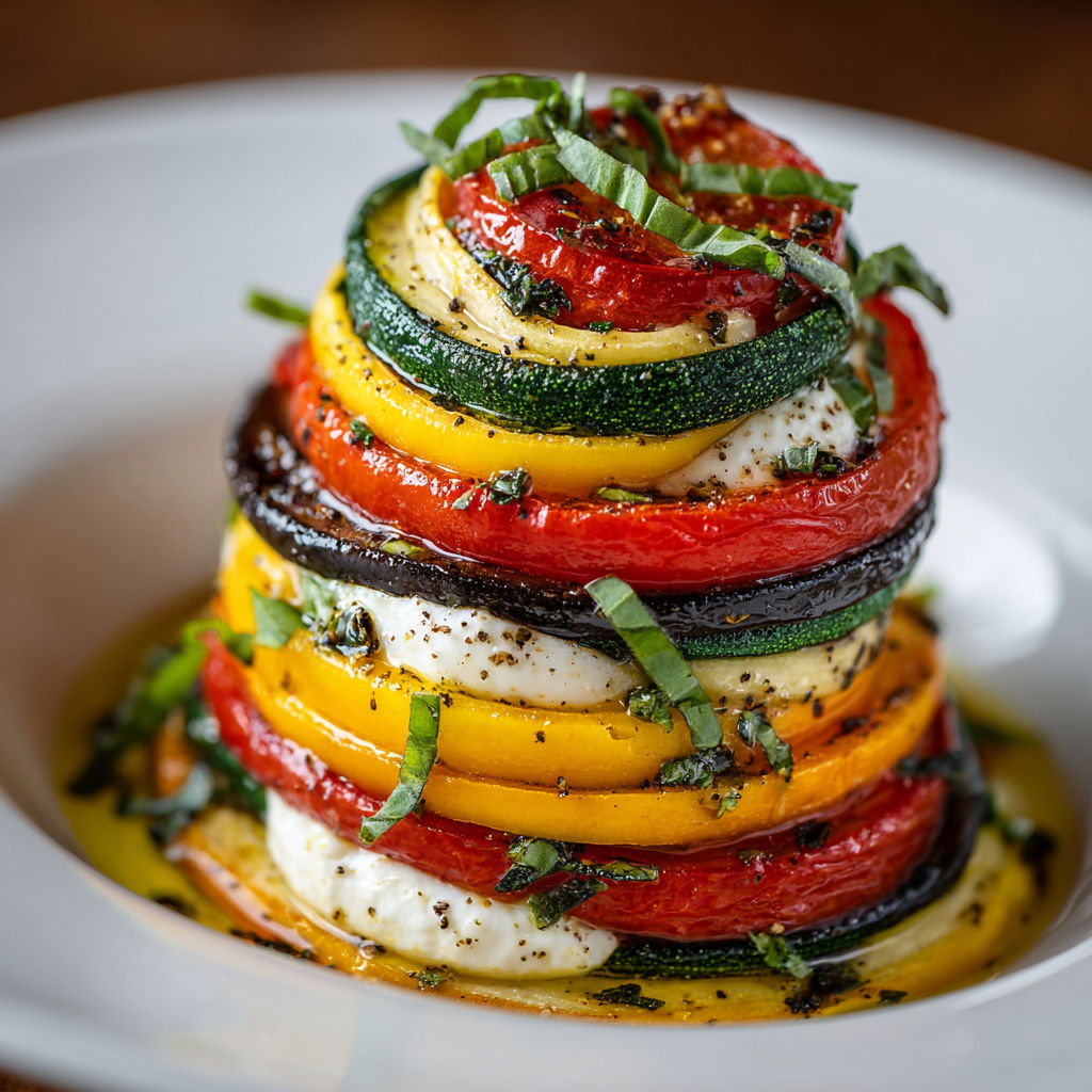 A stack of vegetables with goat cheese on top.