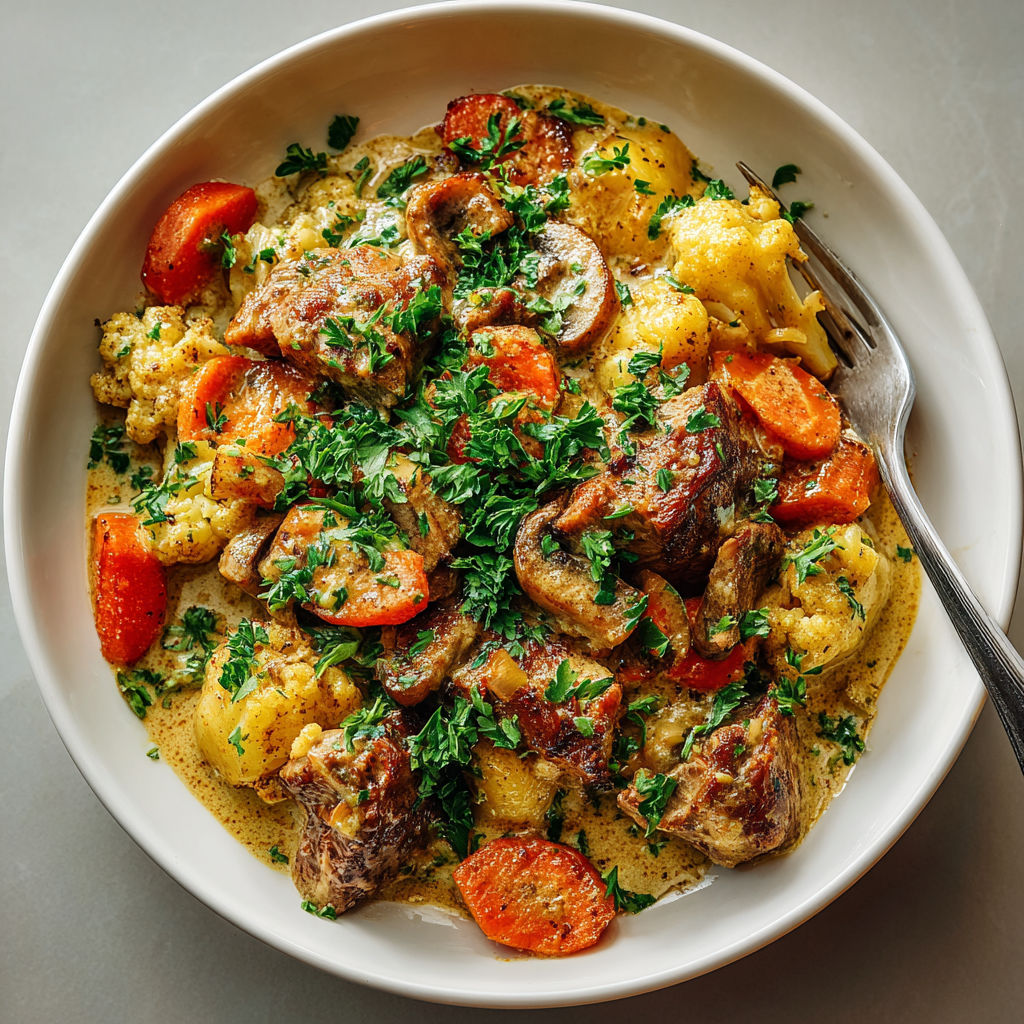 A bowl of food with meat and vegetables.