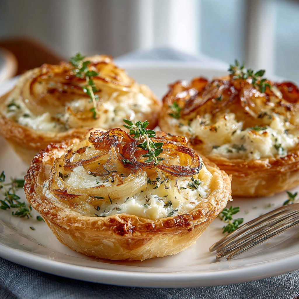 Two small pies with onions and cheese.
