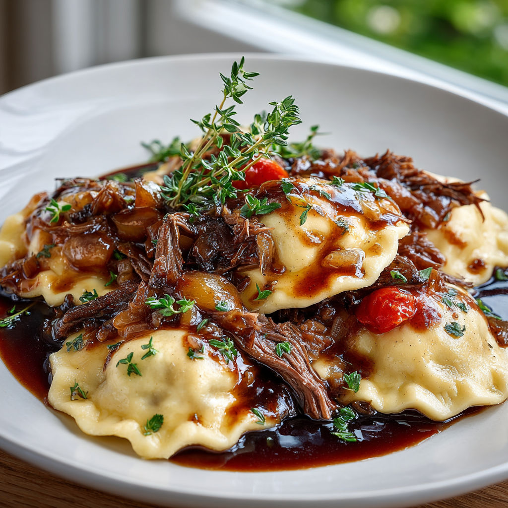 A plate of beef bourguignon transformed into homemade ravioli.