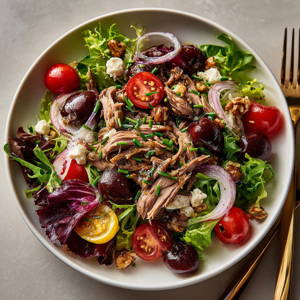 A plate of food with a fork and knife on the side.