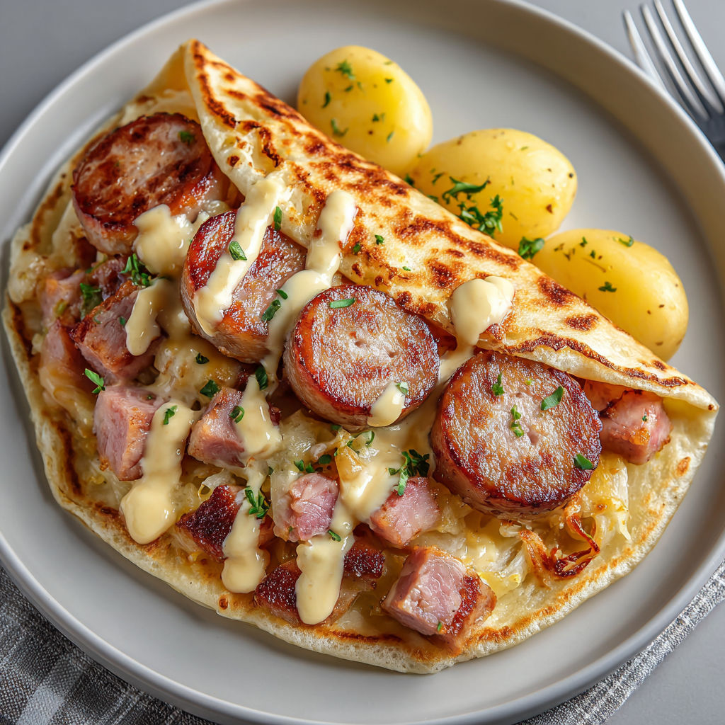 A plate of food with sausage, potatoes, and sauce.