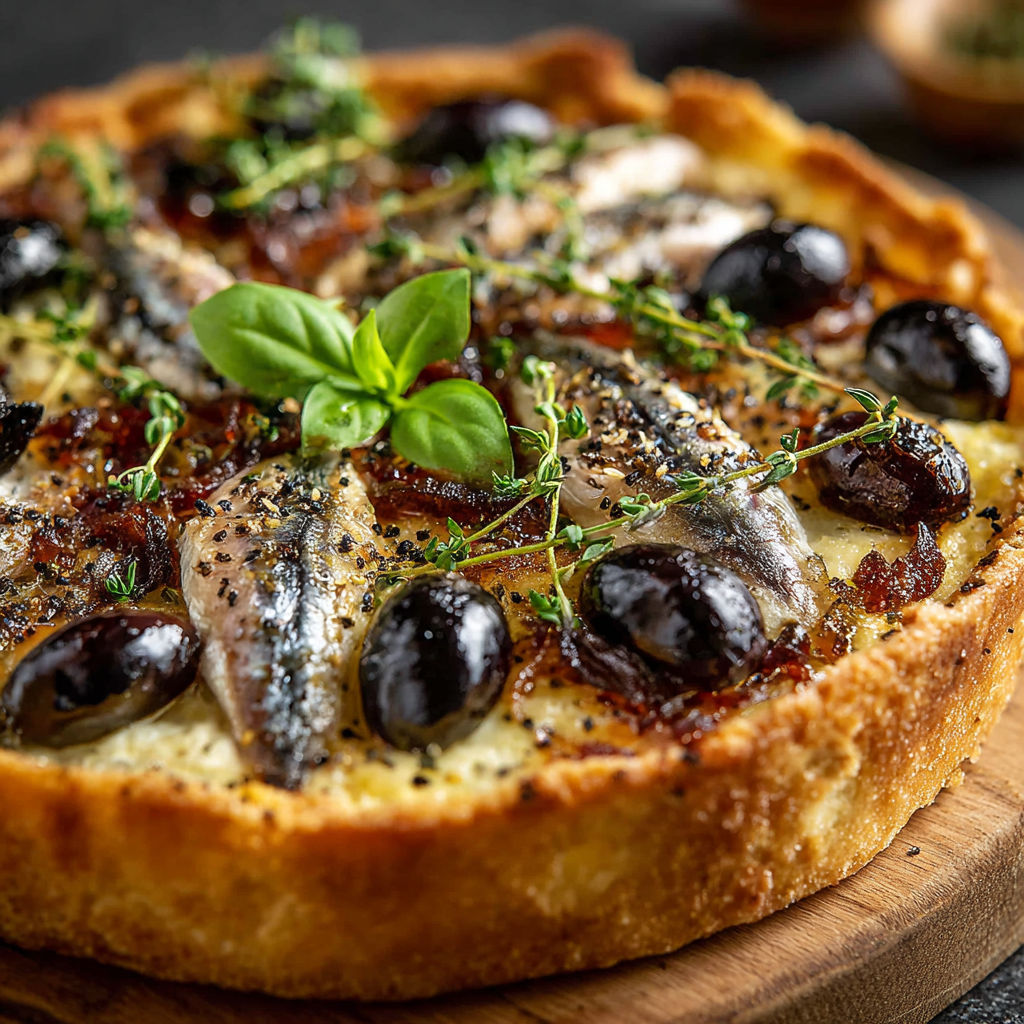 A pizza with olives and anchovies on top.