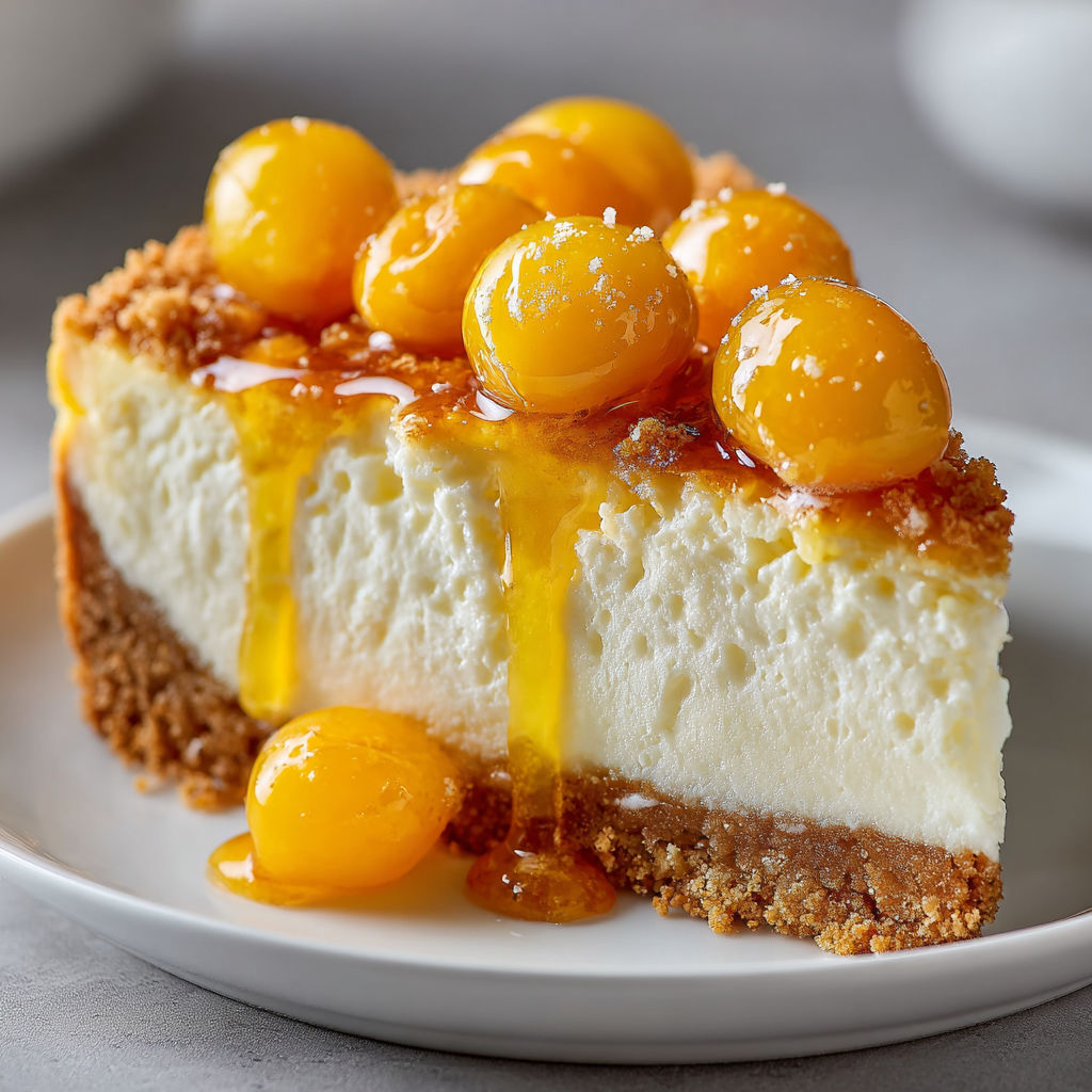 A slice of cheesecake with a sauce made from Mirabelles.