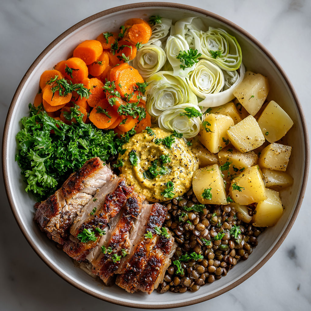 A bowl of food with meat, vegetables, and sauce.