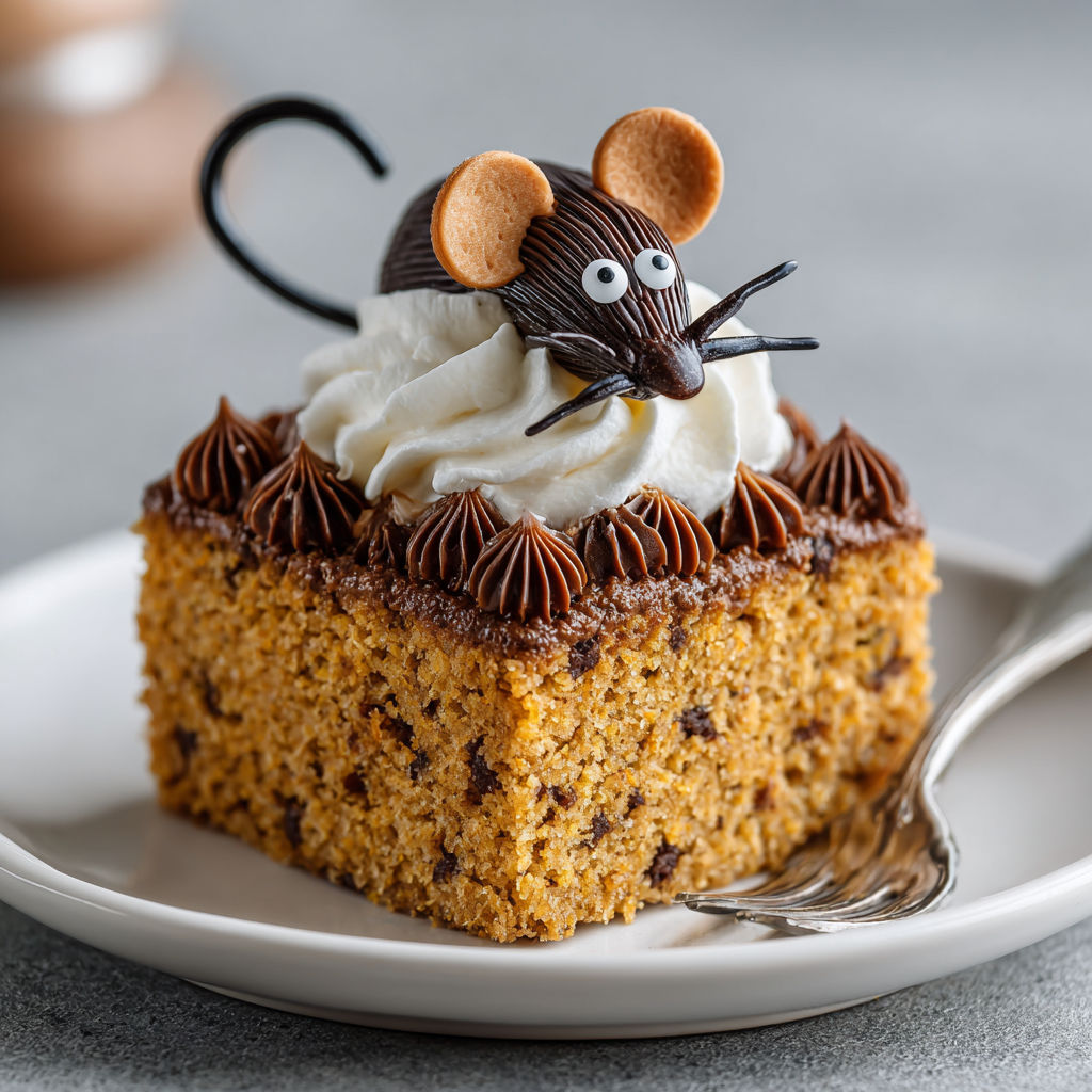 A mouse shaped cake with whipped cream.