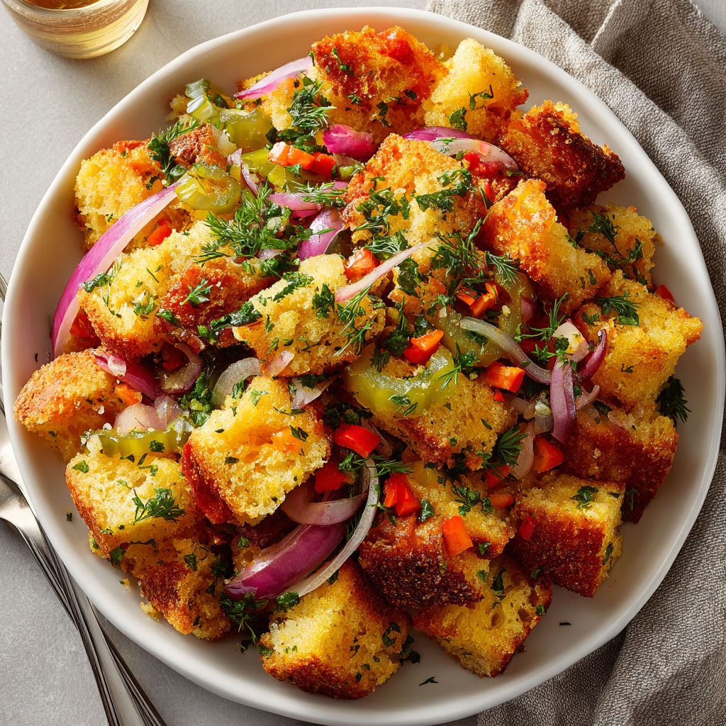 A bowl of food with a cornbread base and pickle de gallo stuffing.