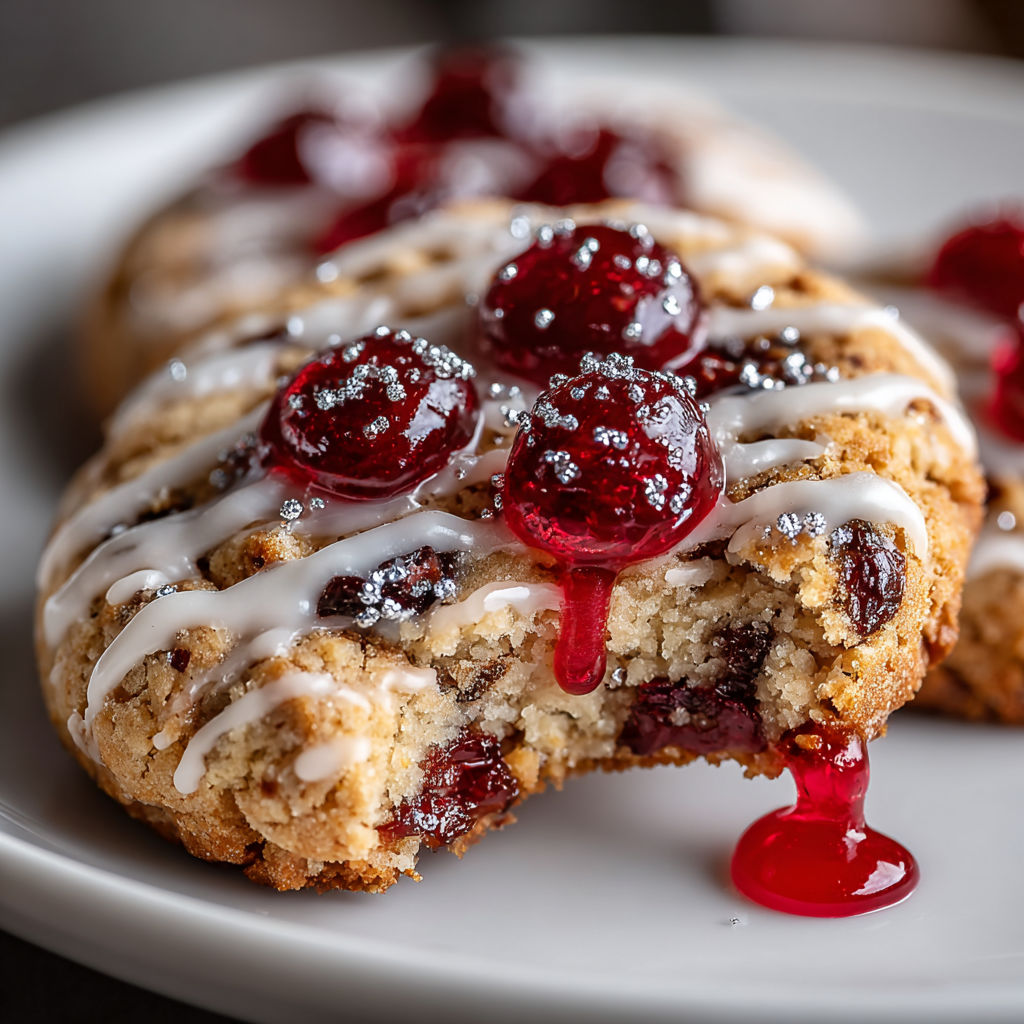 A cookie with white frosting and red berries.