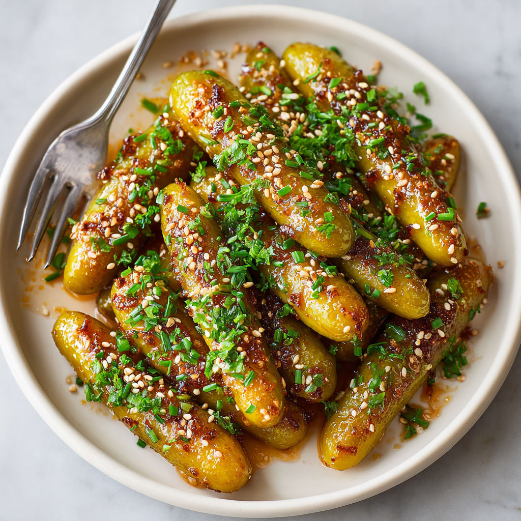 A plate of caramelized French cornichons with umami twist.