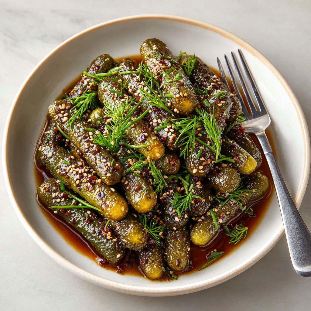 A plate of caramelized French cornichons with umami twist.