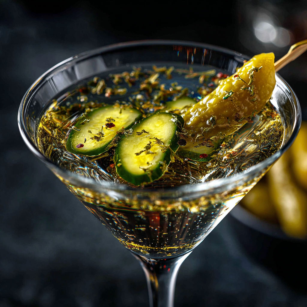 A martini glass with a pickle and herbes de provence garnish.