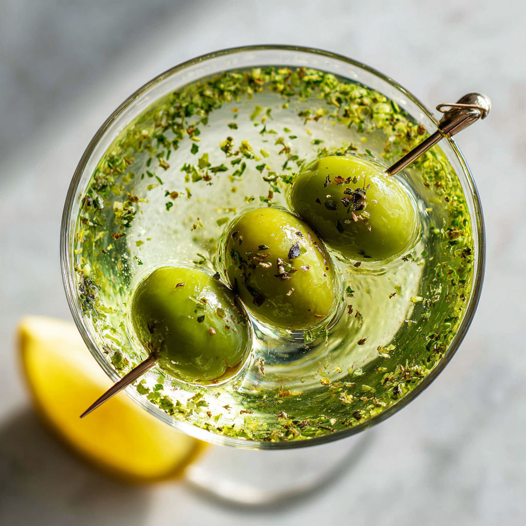 A martini with olives and herbs de provence.