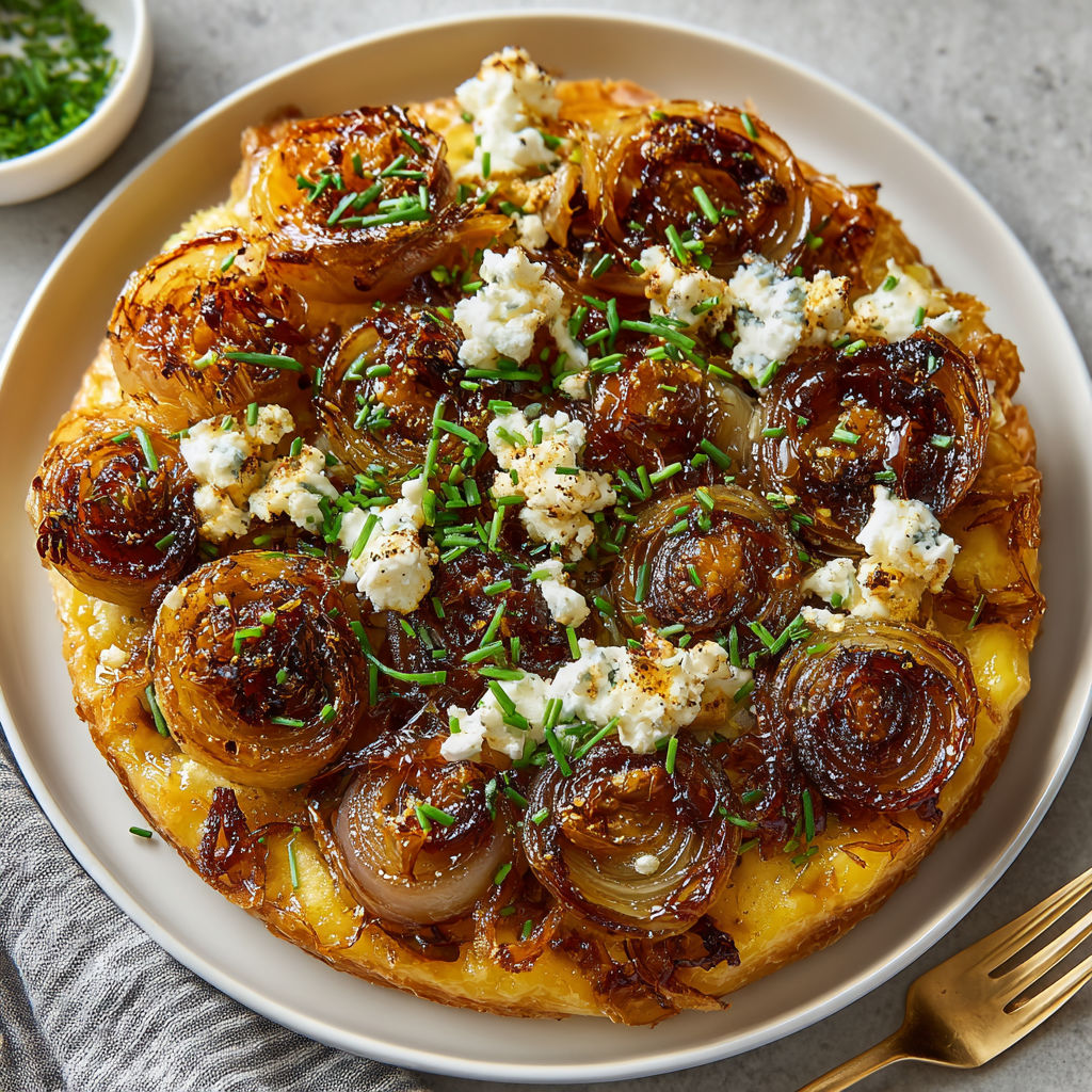 A plate of food with a fried onion on top.