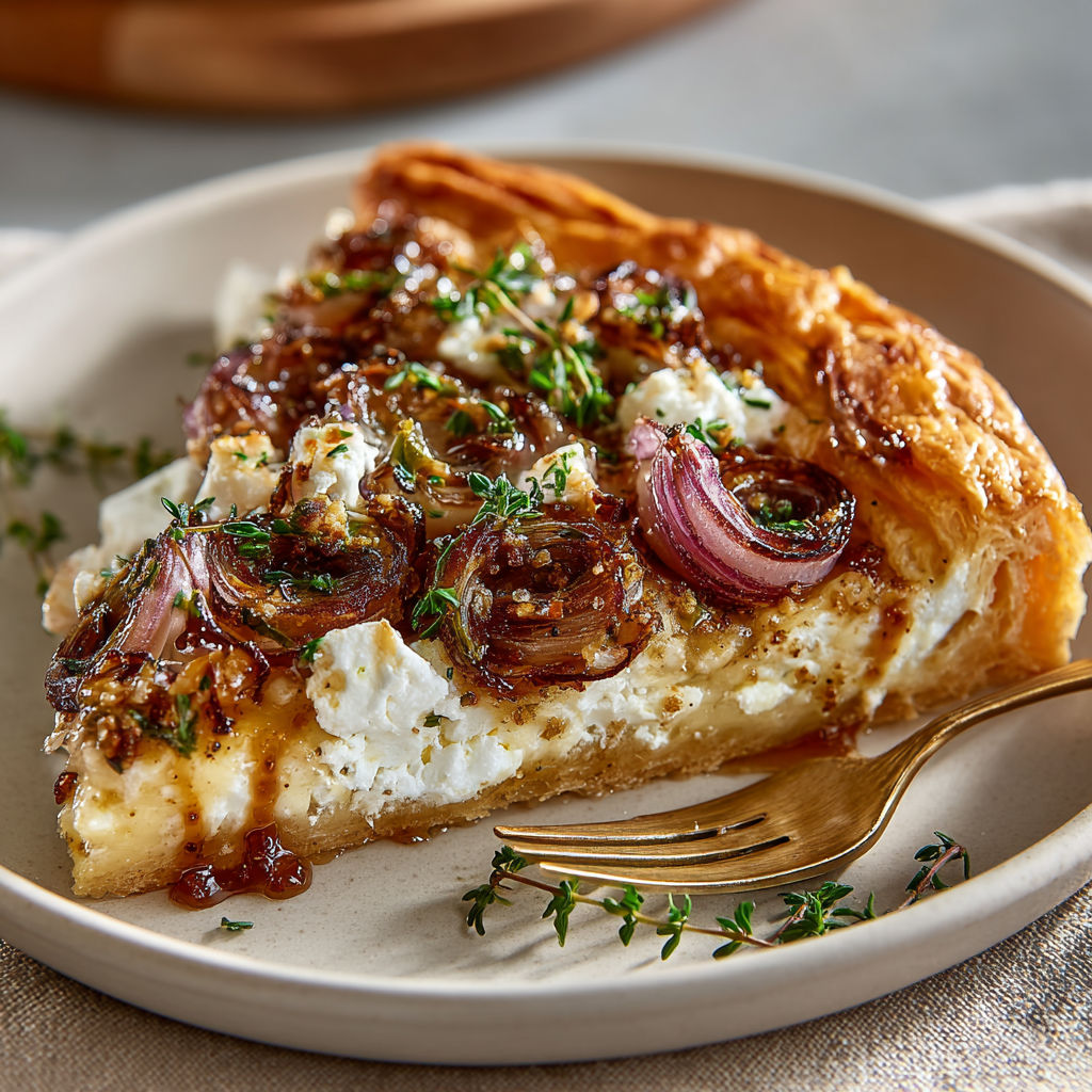 A slice of Tarte Tatin with pickles and goat cheese.