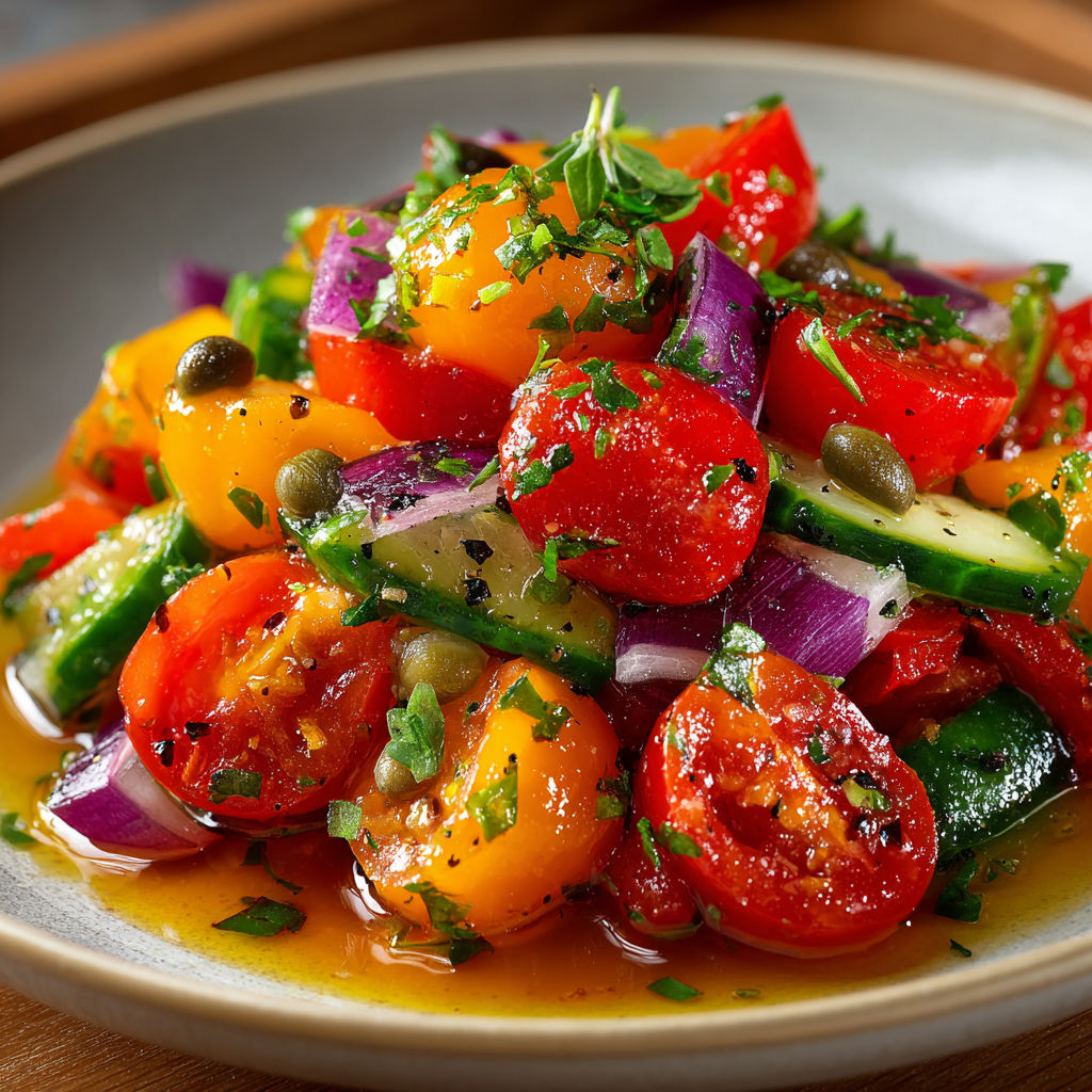 A plate of pickle de gallo with French confit cherry tomatoes.