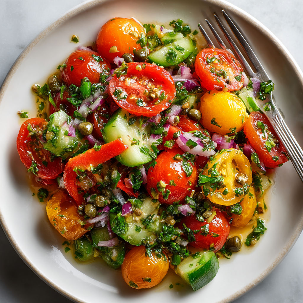 A plate of food with tomatoes, cucumbers, and peppers.