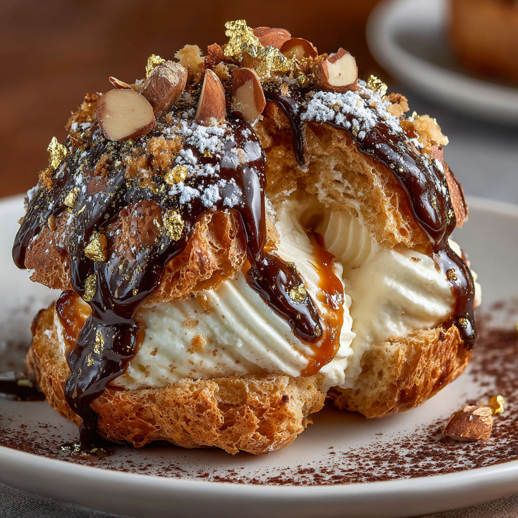 A deconstructed croquembouche dessert on a plate.