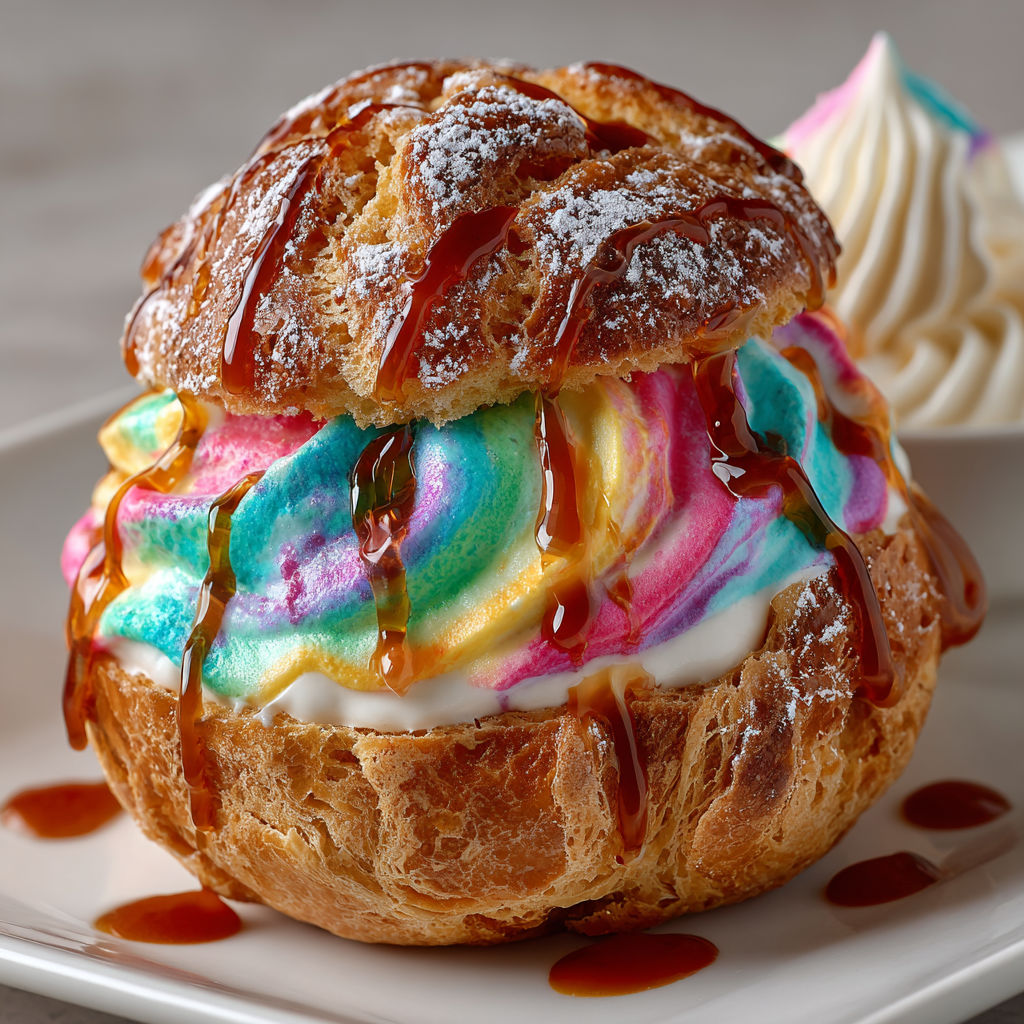 A colorful pastry with a drizzle of caramel sauce.