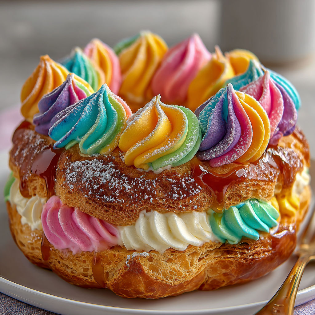 A colorful pastry with a yellow, pink, and purple swirl.