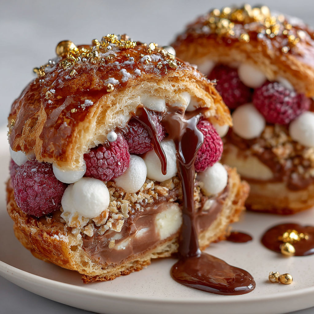 A chocolate and raspberry dessert with gold flakes.
