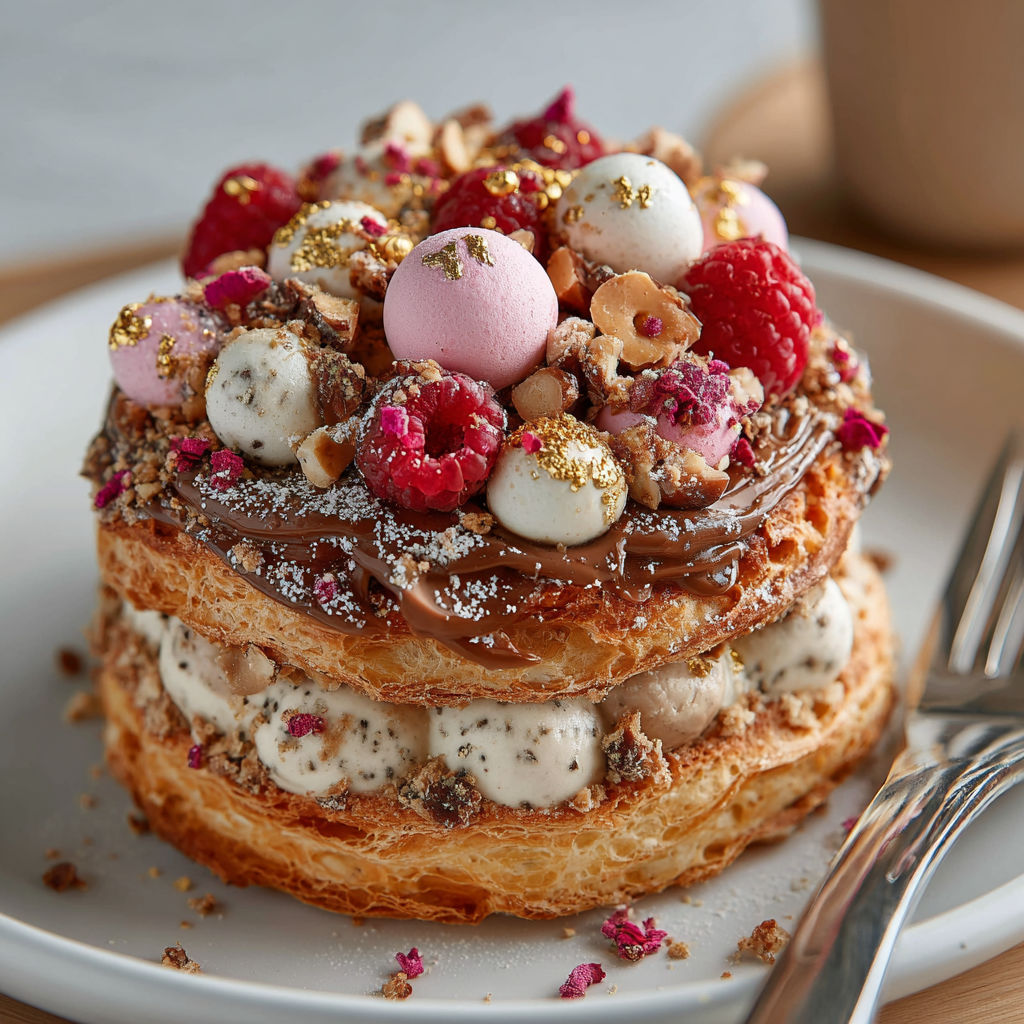 A dessert with chocolate, nuts, and fruit.