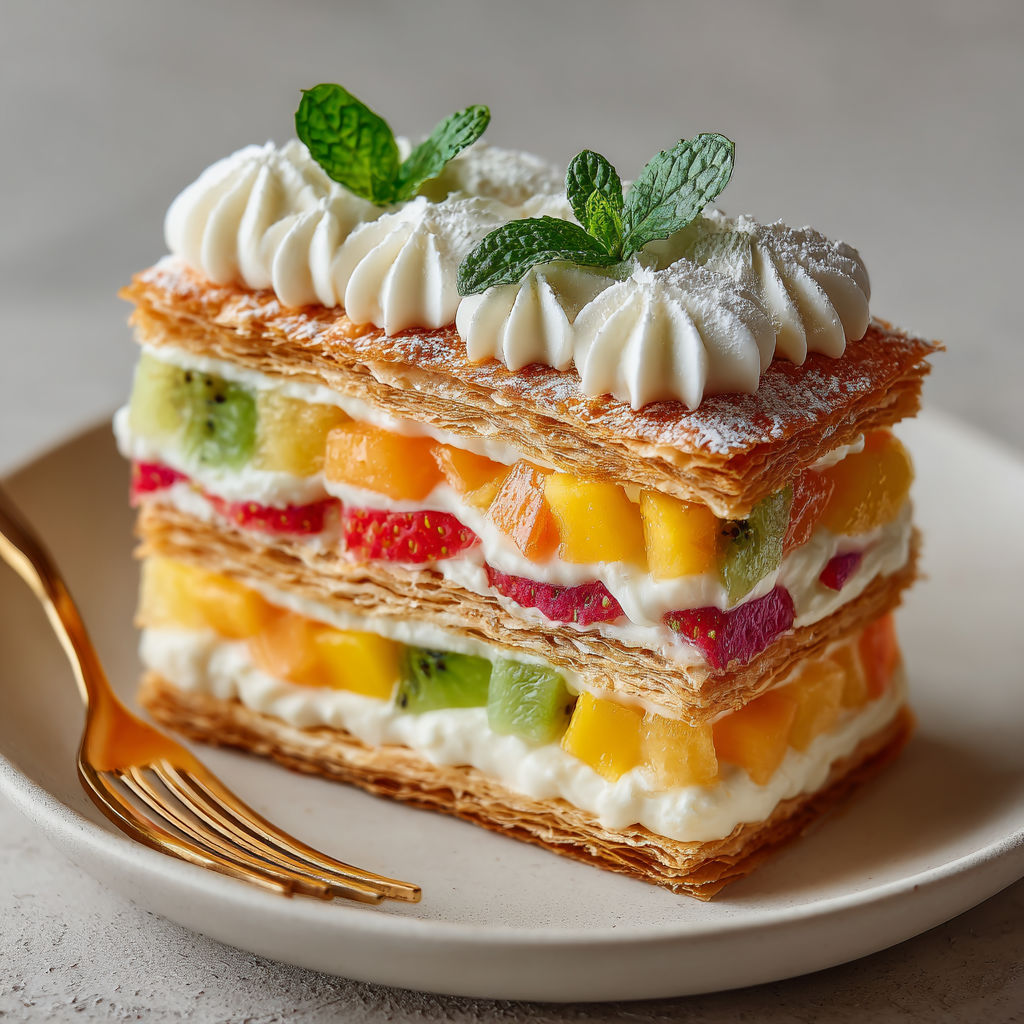 A multi-layered dessert with fruit and whipped cream.