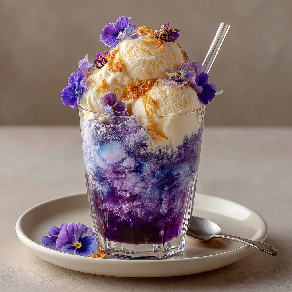 A glass of violet syrup float with artisan ice cream.
