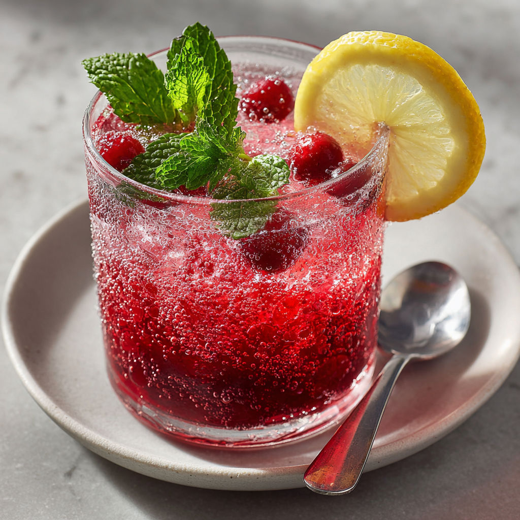 A glass of red berry lemonade with a lemon wedge and mint garnish.