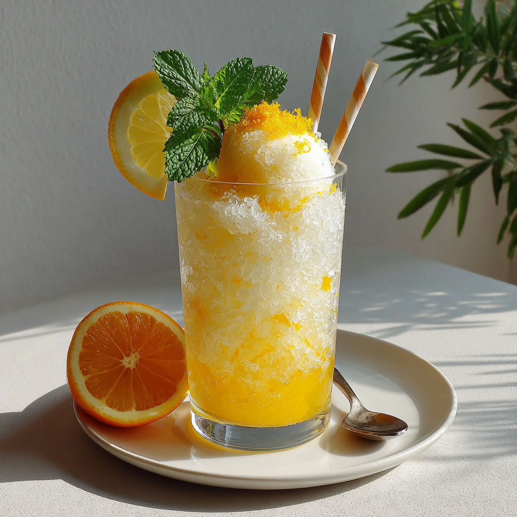 A glass of orange juice with a lemon and mint garnish.