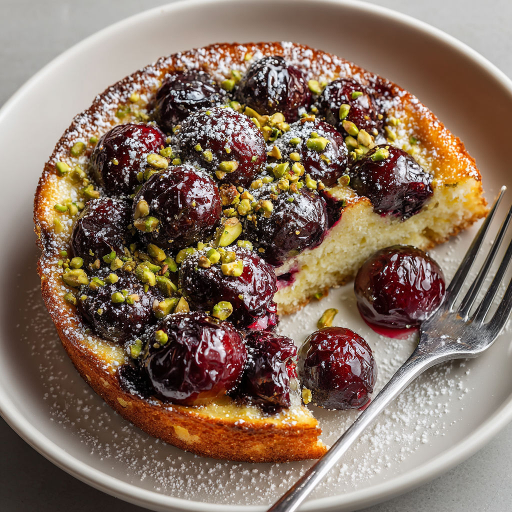 A slice of black cherry clafoutis with caramelized pistachios.