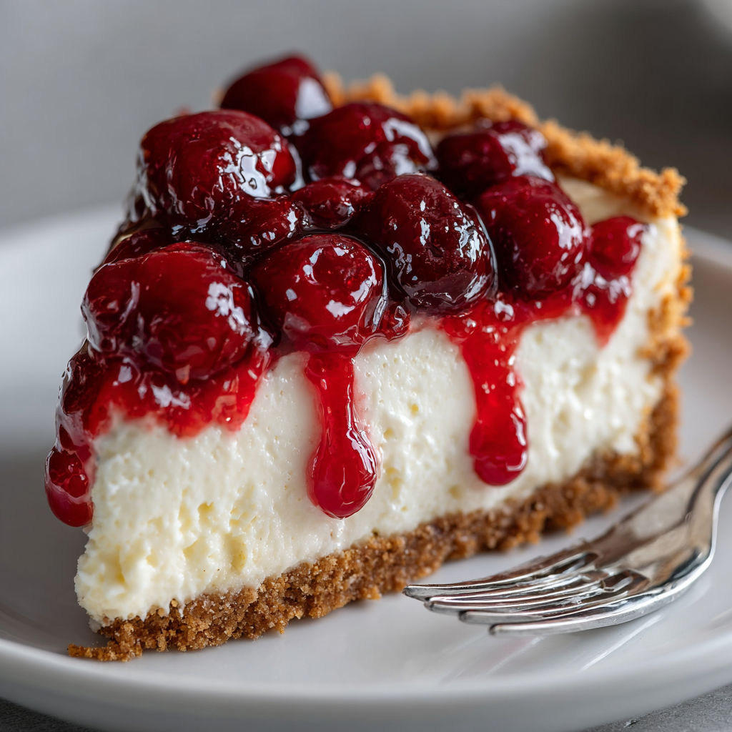 A slice of cheesecake with cherries on top.