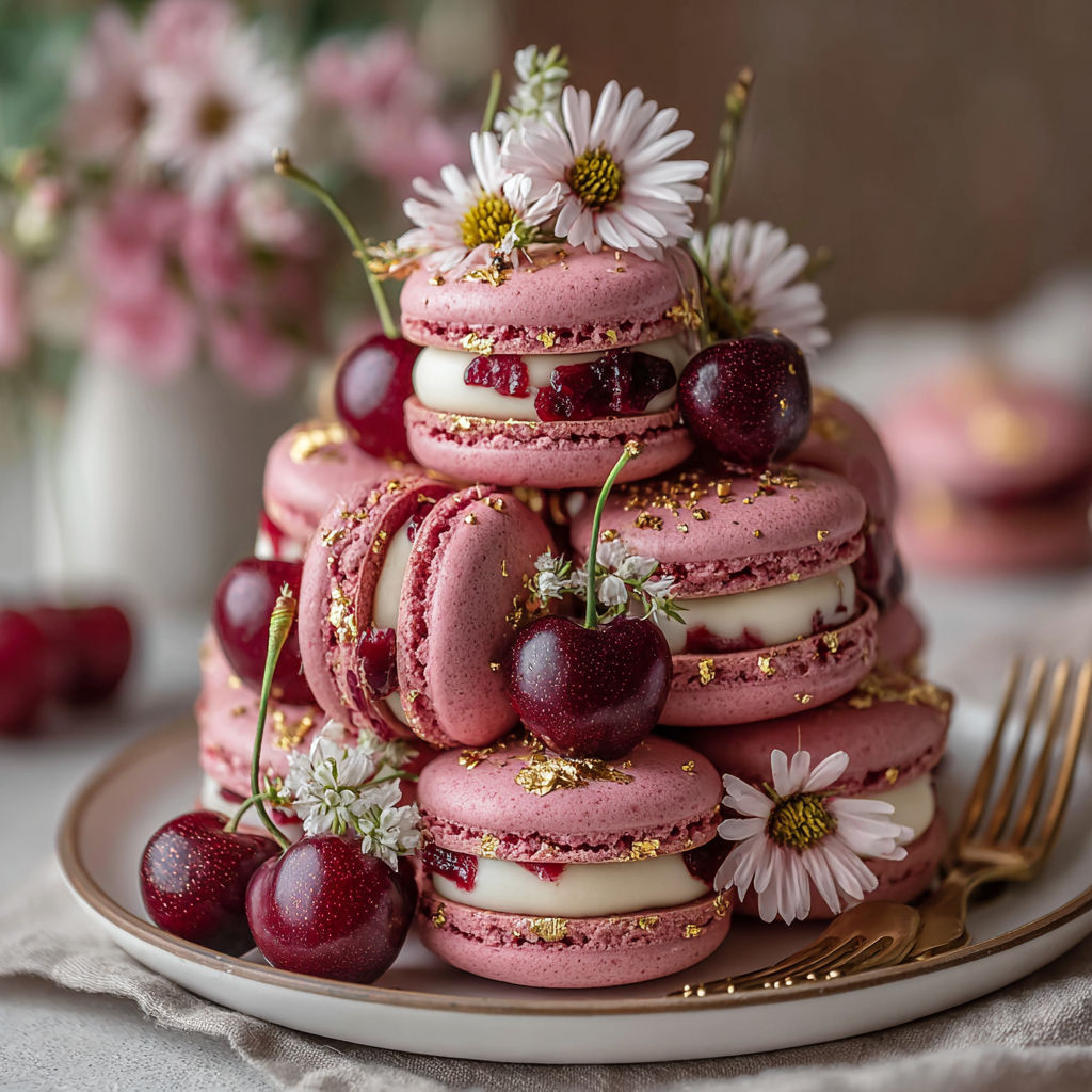 A stack of macaroons with gold leaf and white flowers.